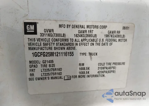 2002 Chevrolet Express z USA, uszkodzony, nr VIN 1GCFG25M121116155